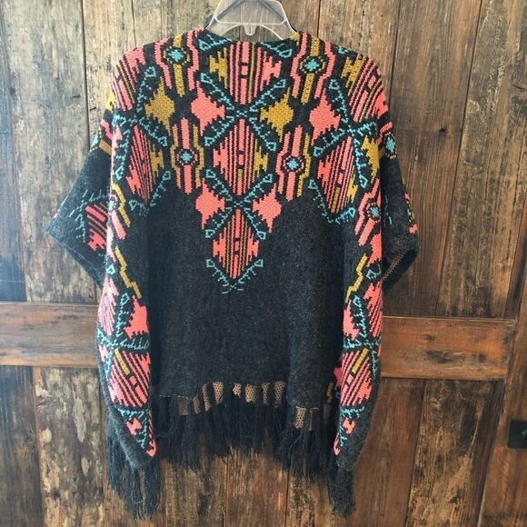 Paper Crane M Gray Orange Aztec Chunky Oversized Poncho Western Fringe Cardigan - Picture 4 of 10